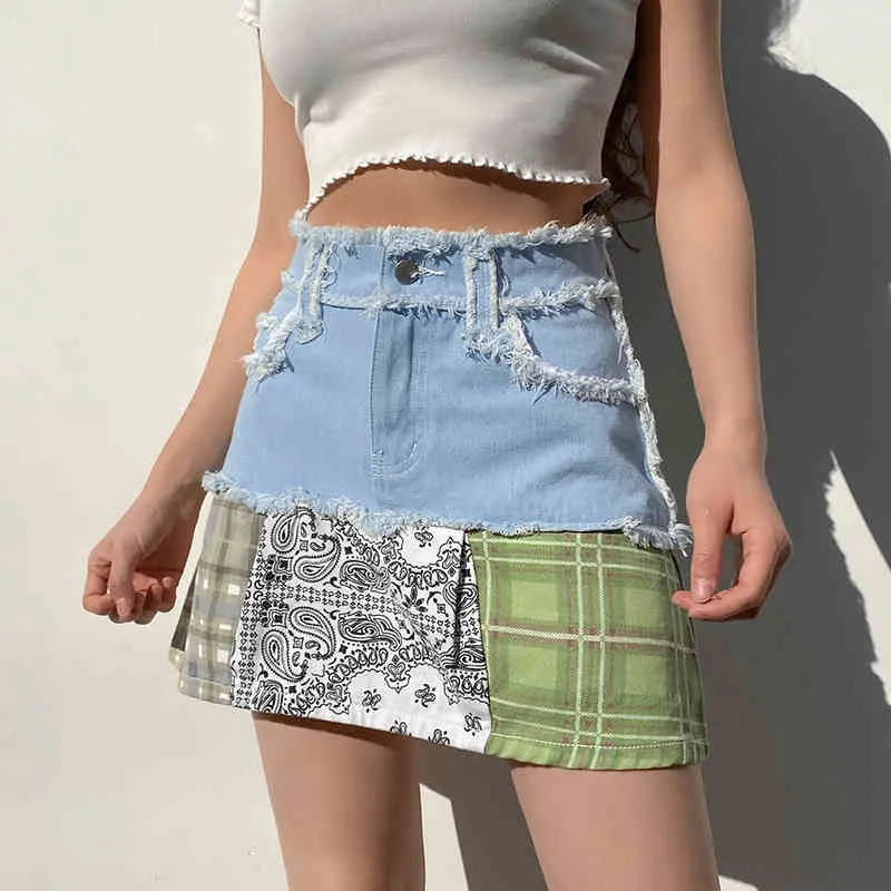 Vintage-Druck, gestreift, Palid, gepatcht, hoch taillierte Miniröcke für Frauen, Sommer, koreanische Mode, A-Linie, kurze Denim-Röcke, Saia 210415