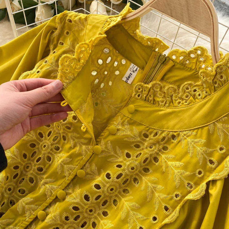 Vintage Yellow/White Hollow Out Lace Dress Women Casual Party High Waist Lantern Long Sleeve Ruffle Vestidos 2021 Spring Autumn Y0603