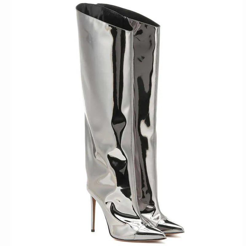 MStacchi Dames Hoge Laarzen Goud Zilver Puntige Teen Kniehoogte voor Vrouw Sexy Hakken Party Schoenen Dames Stiletto 210910