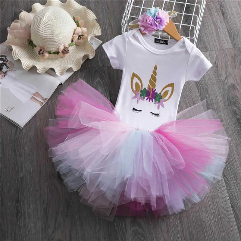 Baby Girl Verjaardag Kleding Unicorn Katoenen T-shirts + Kleurrijke Gaas Cake Rokken + hoofdbanden 3 Stks Set Kerstkleding E20900 210610