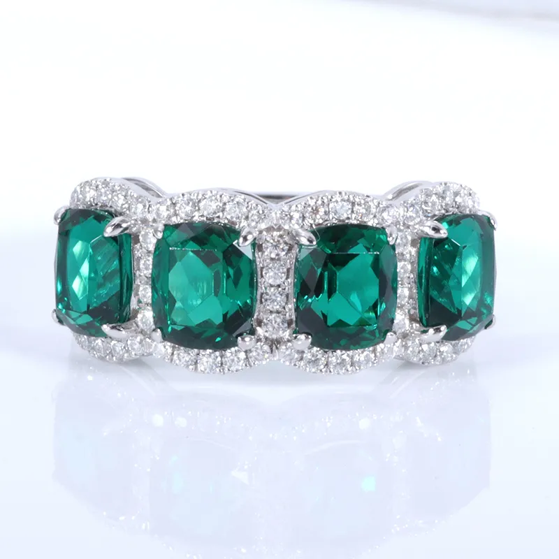 5x6mm allungato smeraldo sintetico smeraldo 14k anello di fidanzamento in oro bianco con pietre di moissanite in mischia pavimentate intorno al2024915