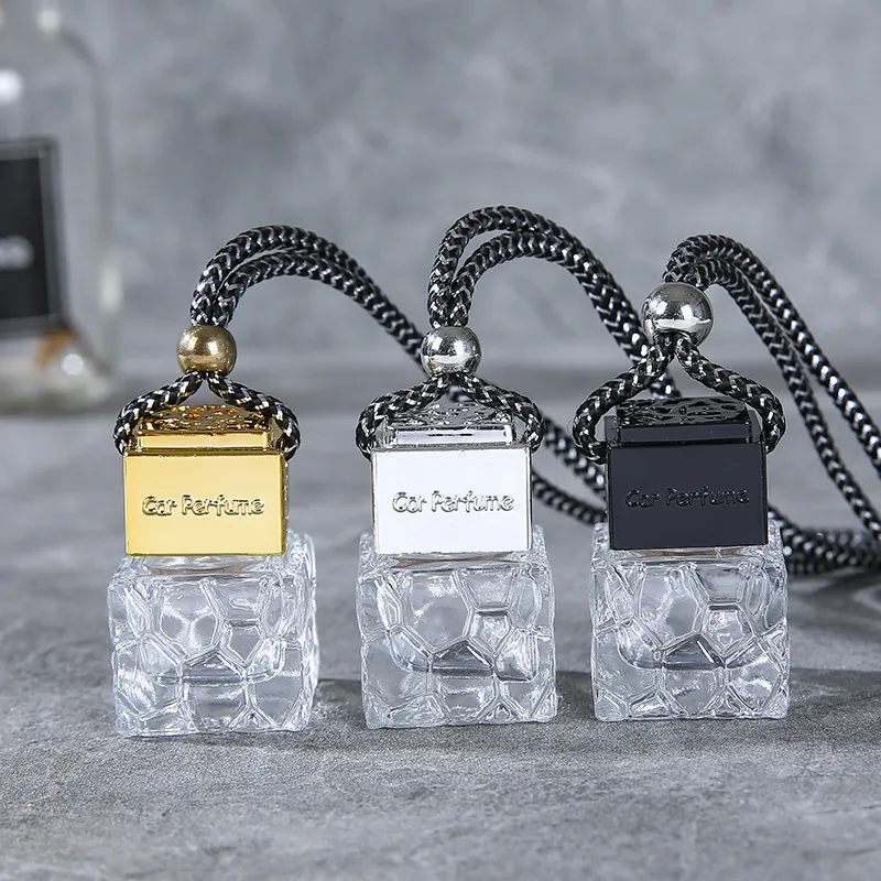 Cube Hollow Black Gold Silver Car Perfume Bottle Hanging Air Freshener Fragrance Diffuser Bottles For Essential Oils