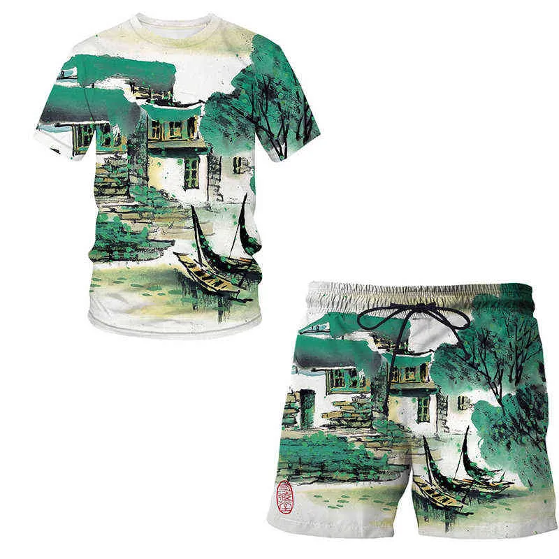 Summer 2021 new 3D Printed Chinese brush painting men suit pattern T shirt short sleeve + casual shorts Streetwear Men clothing G1217