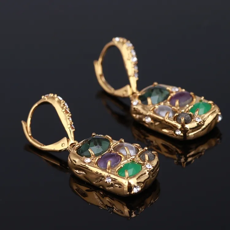 Luxury Colorful and Rhinestone Drop Earrings for Women Classic Fashion Gold Color Metal With Purple Stone Brand Earring