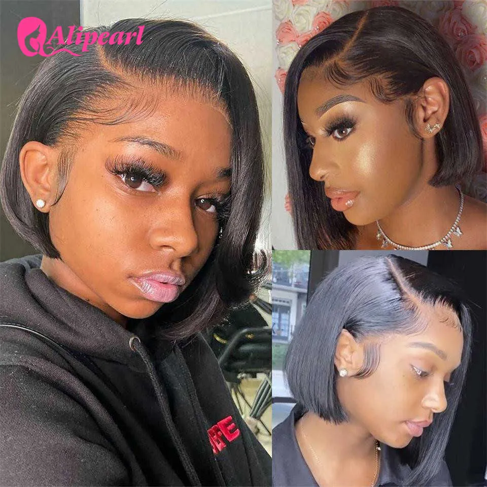 AliPearl Hair Straight Bob Wig 13x4x1 Lace Part Wigs Human Hair Wigs Brazilian 4x4x1 Lace Closure T Part Bob Wig For Black Women S0826