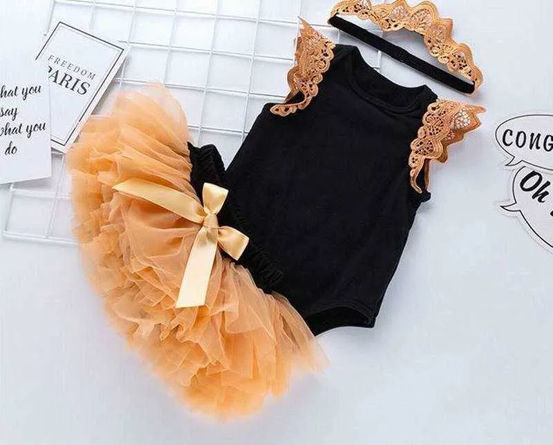 Bébé fille Halloween ensembles noir sans manches body + jupes de couche + bandeaux 3 pièces costume né vêtements YK014 210610