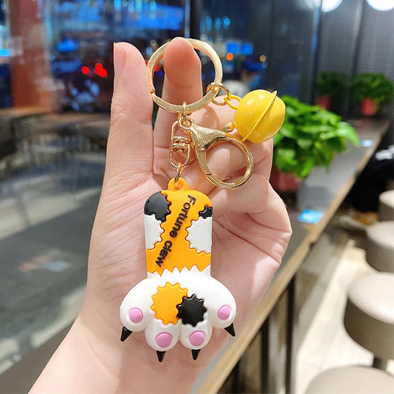 Kawaii Cat Claw hanger Keychain Cool PVC Animal 3D Paw Alloy Bell Dange Keyring Sieraden Leuke sleutel handtas Trinket accessoire new229g