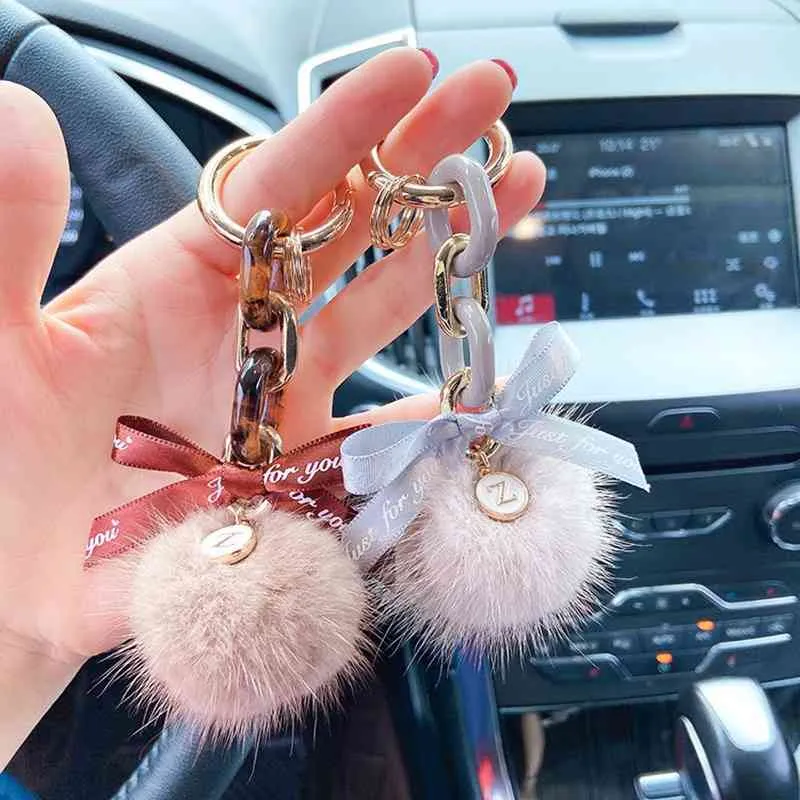 Letter Charm Optional Fluffy Real Mink Fur Big Lock Chain Keychain Ball Pom Bow-knot Keyring Women Bag Ornament Emo Toys Gifts