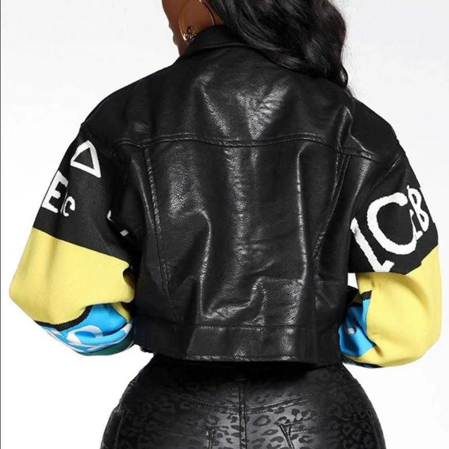 Personalizzato Smorfia graffiti giacca di pelle pu giacca di pelle stampata fumetto femminile kint manica sticthing top in pelle pu F1920 210908