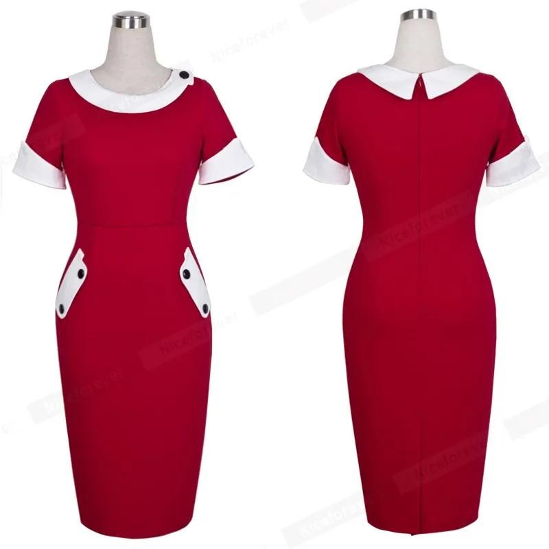 Nice-forever vintage kleur blok patchwork kantoor jurken zakelijke bodycon ingerichte vrouwen jurk btty832 210419