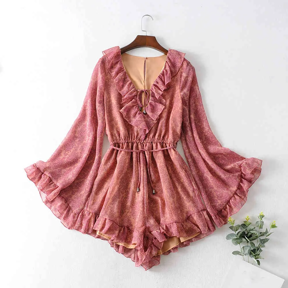 Jastie Ruffle V-Neck Flare Sleeve Boho Jumpsuit Kvinnor Sommar Playsuit Chiffon Floral Print Casual Overaller för Kvinnor Romper 210419