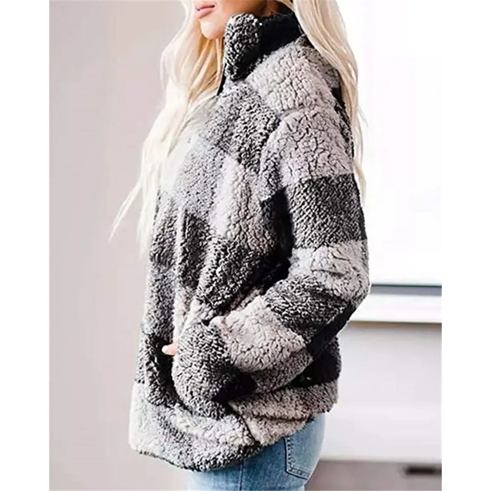 Women Winter Teddy Sweater Teddy Sweater Fluffy Sherpa Fleece Plaid Pullover 1/4 zíper com gola alta do suéter de gola alta.