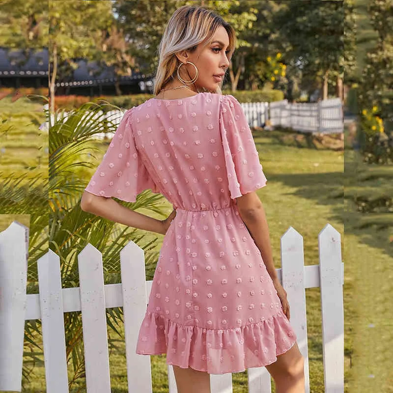 Vintage à pois rose robe d'été pour femmes décontracté Boho plage Style Mini robe courte évasée manches col en V robe d'été 210415