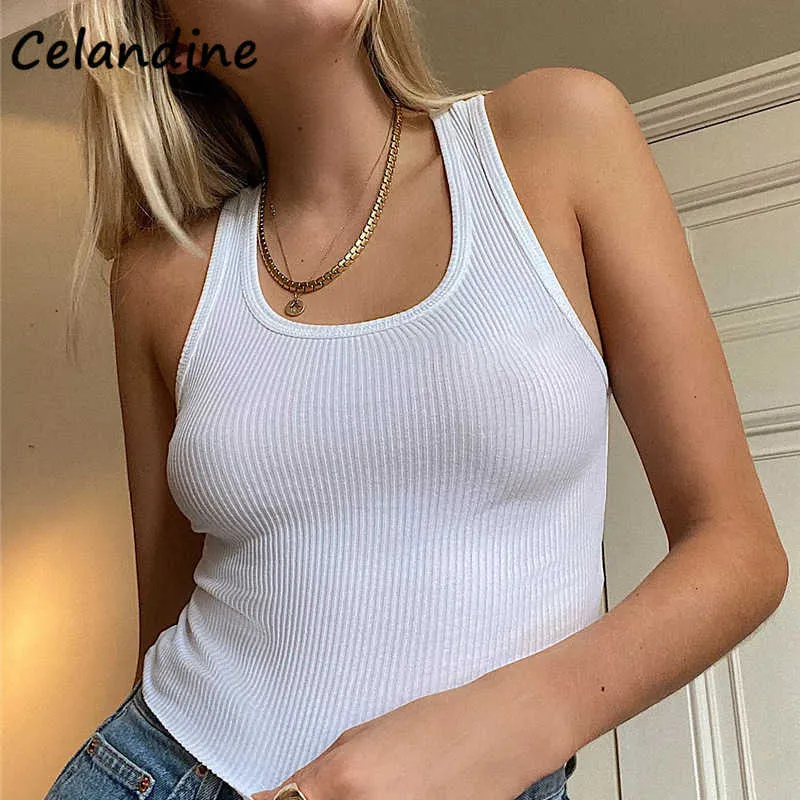 Celandine Fashion Summer Casual Orange Women 2021 Y2K Skinny Tank Tops Off Shoulder Club Sexy Basic Knitted Cropped T Shirt Tops Y0622