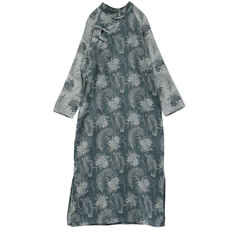 Johnature Women Print Blomklänningar Kinesisk stil Cheongsam bomull Linne A-Line Stativ Långärmad Vintage Spring Dress 210521