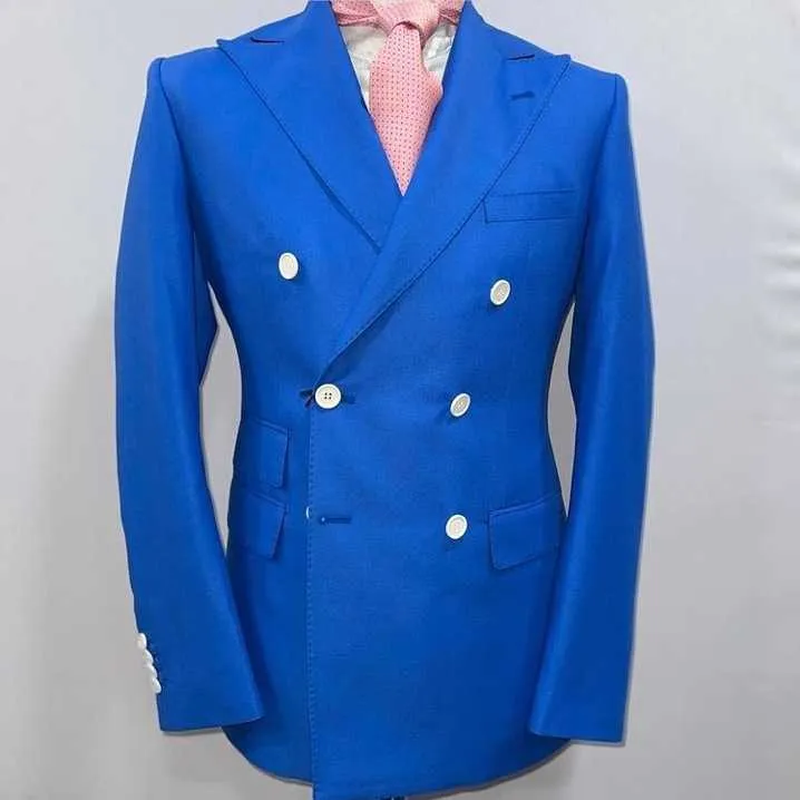 Royal Blue Blazer + Pantalon Costume Homme 2 Pièces Double Boutonnage Plat Slim Fit Casual Tuxedos Pour Mariage X0909