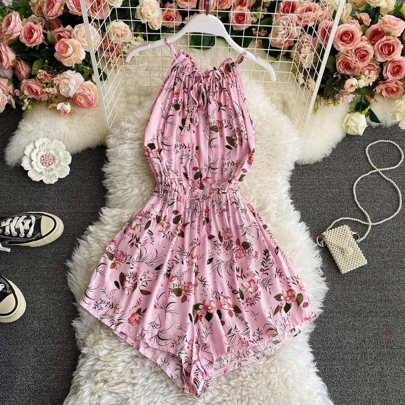 Summer waist slimming Sling jumpsuit female holiday beach wide-leg shorts printed halter strapless For women Playsuits 210420