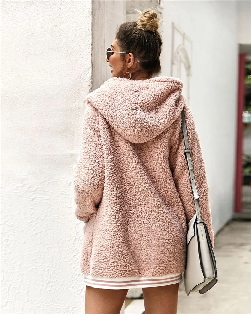 ISAROSE Women Winter Coats Hooded Fluffy Zipper Long Sleeve Soft Hip Length Coat Hoodie Casual Outerwear with Pockets 210422