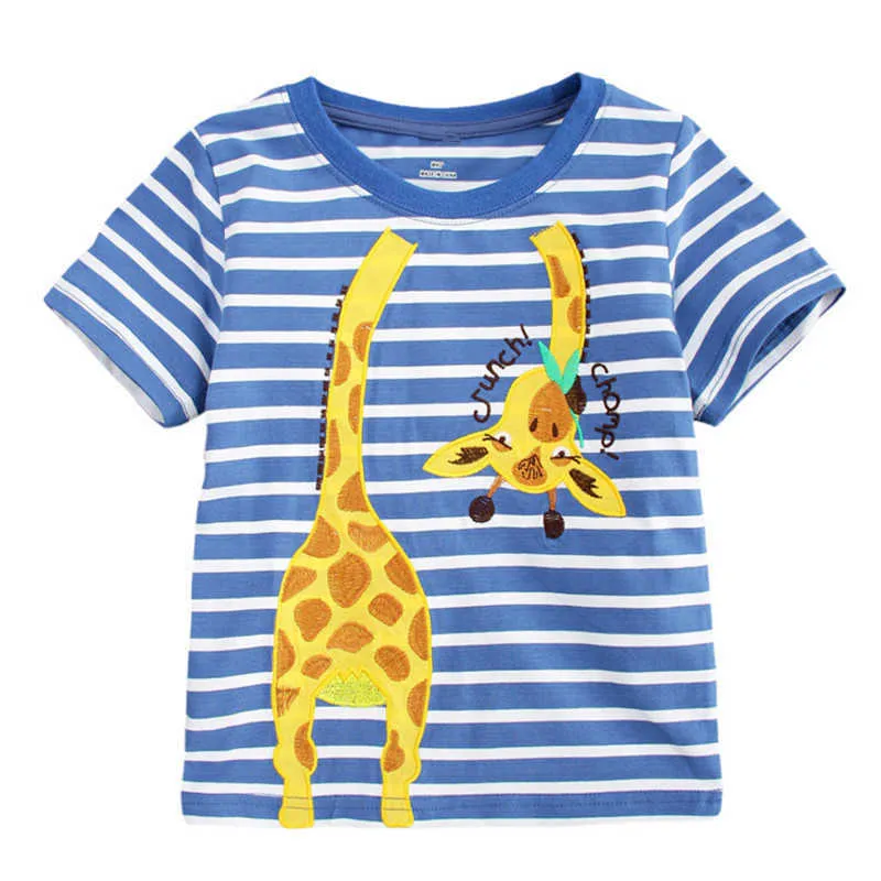 Springen Meter Tiere Applikation Sommer Streifen Jungen Mädchen T-shirts Baumwolle Niedliche Babykleidung Verkauf Kostüm Kinder T-Shirts Tops 210529