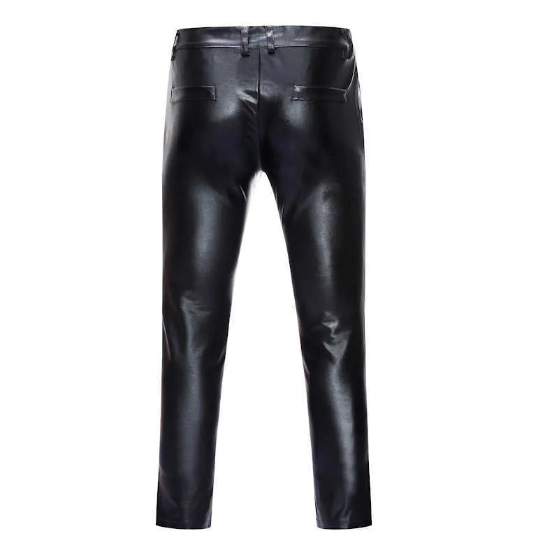 Motorcycle PU Leather Pants Men Brand Skinny Shiny Gold Coated Metallic Trousers Nightclub Stage Perform for Singers 210715