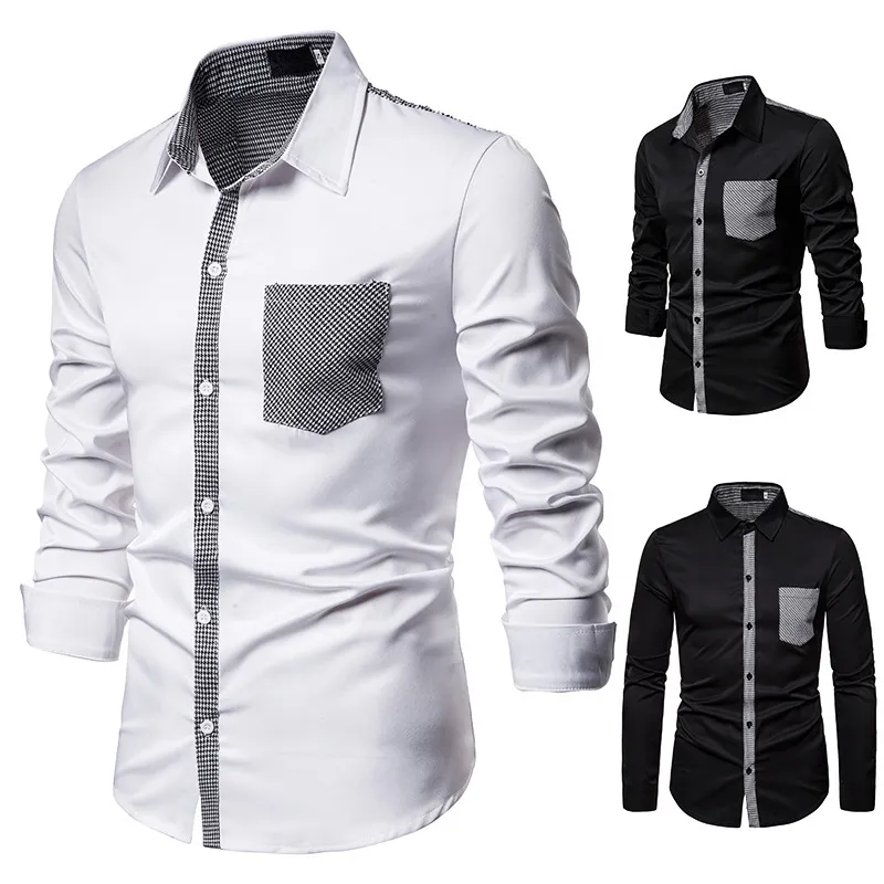 Chemise de poche de couture de pied de poule pour hommes Casual Casual Plaid Design Hommes Shirts Slim Revers manches longues Vêtements 210524