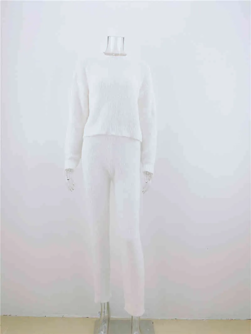 Foridol knitted fluffy two pieces women suits autumn winter long pants sets white fuzzy sweater sets casual suits 210415