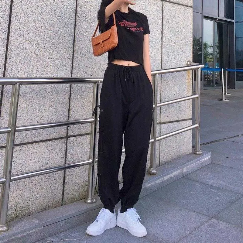 Qweek Harajuku jogging sweatpants mulheres baggy coreano moda corredores preto calças de suor streetwear Calças de cintura alta para fêmea q0801