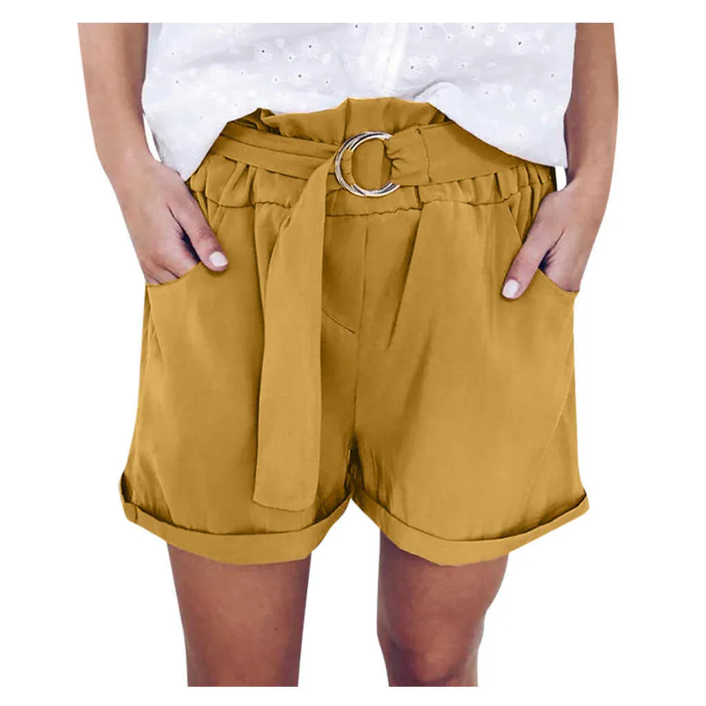 Pantalones cortos para mujer Cintura elástica Pierna ancha Pantalones cortos sueltos Moda de verano Señoras Cómodo Cinturón Sólido Femenino Talla grande 210603