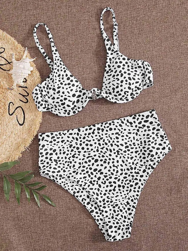 Conjunto de playa Sexy Ladies Black white Leopard Bra Traje de baño Swim Bikini Mujeres Traje de baño Traje de baño 2 piezas set 210429