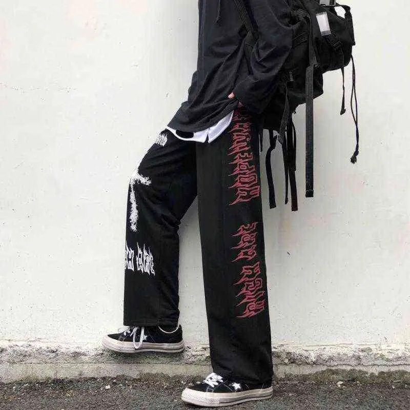 QWEEK Punk Hippie Pantalon à jambes larges Femmes Gothique Harajuku Streetwear Anime Street Style Mall Goth Black Print Pantalon Hip Hop 211115
