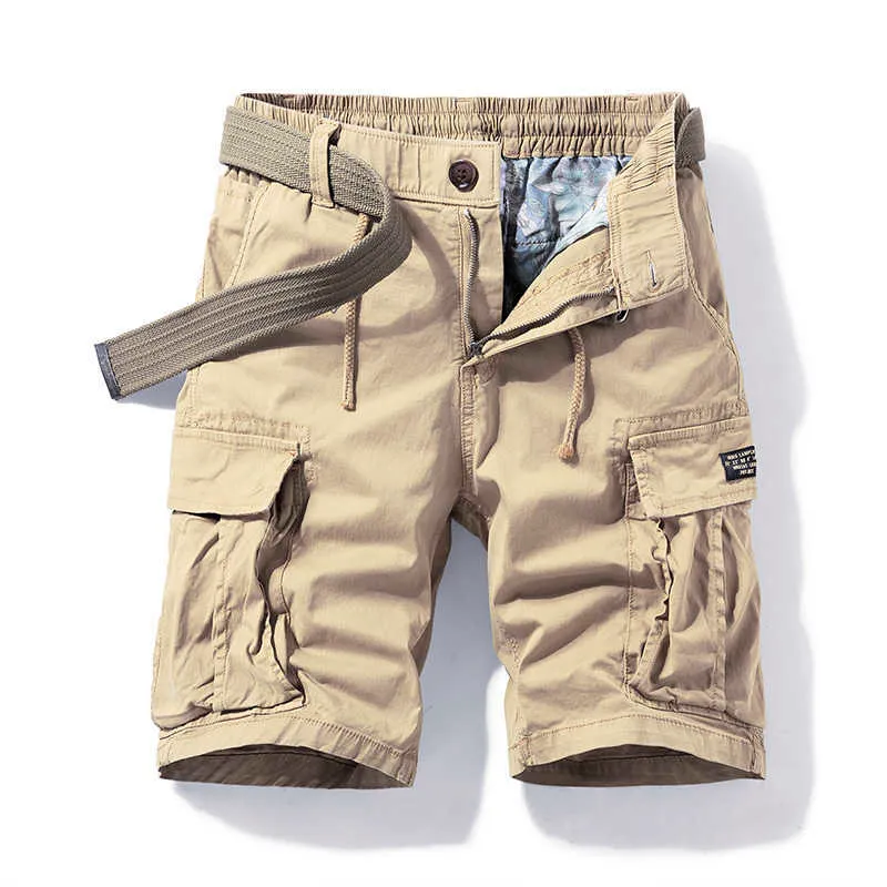 Verão homens shorts de exército de alta qualidade multi-bolso puro algodão cargo bolso moda casual caminhadas soltas 210716