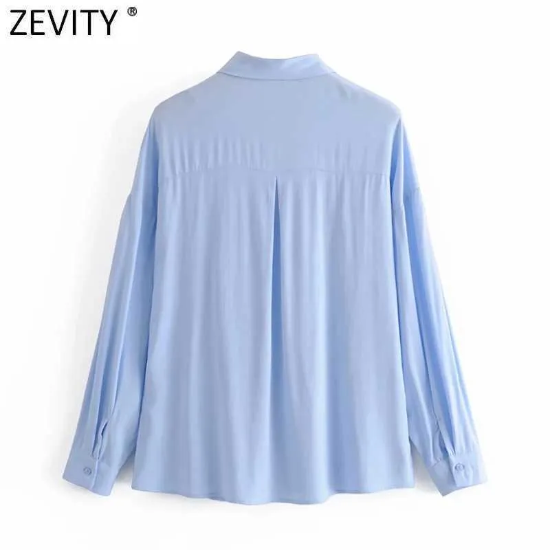 Zevidade Mulheres Moda Decoração Do Bolso Casual Kimono Smock Blusa Escritório Ladies Business Camisas Roupas Chic Chemise Tops LS7580 210603