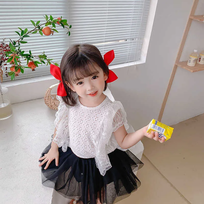 Estilo coreano verão bebê meninas retalhos lace fina mangas t camisas cute crianças casuais tops roupas 210615