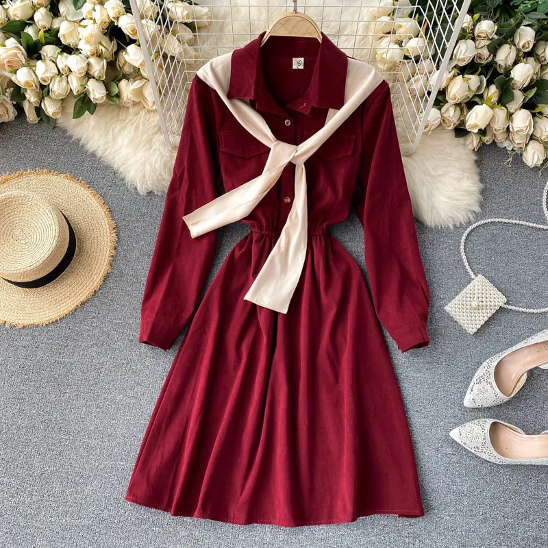 対照的な色ショール偽のツーピースのドレス秋の韓国の女性の気質ベースのスカートHK044 210506