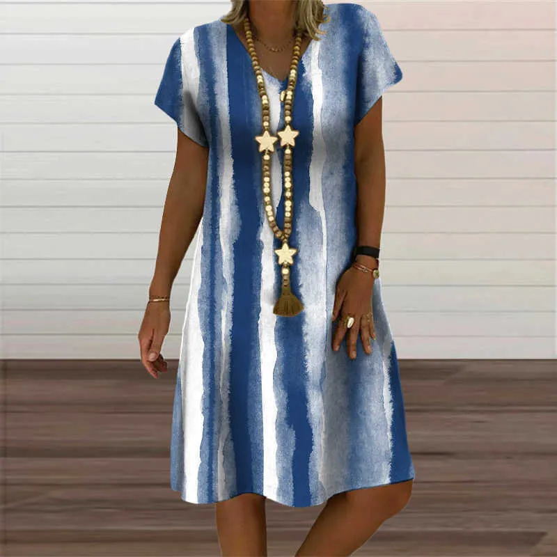 2021 Summer New Women's Clothing Plaid Geometric Graphic Mini Dresses Casual Loose Short Sleeve V-Neck Beach Sundress Ladies 5XL Y1006