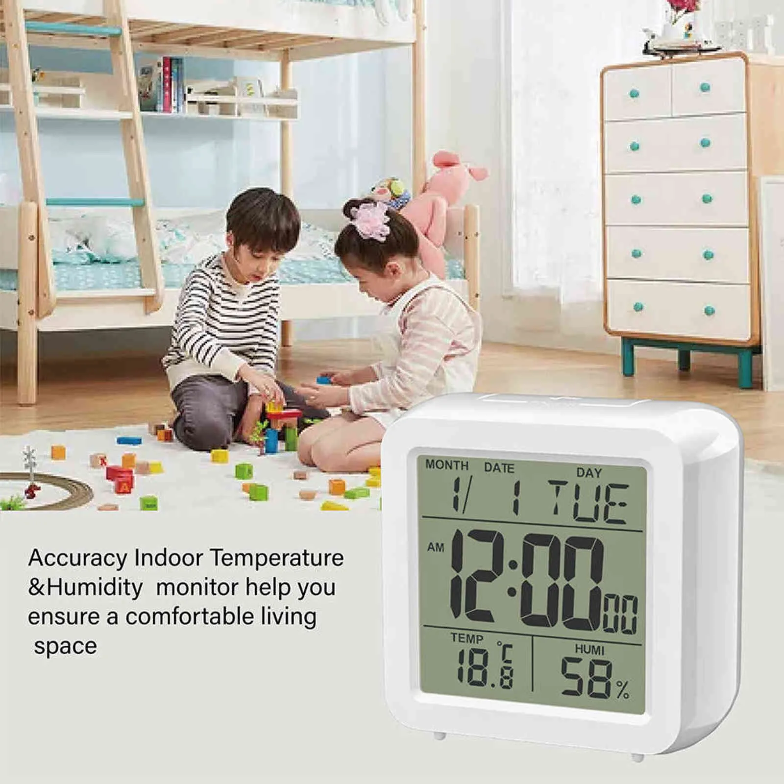 Sveglia da tavolo digitale con cifre grandi Calendario Snooze Temperatura ambiente interna Umidità casa Camera da letto Ufficio Cubo 211112