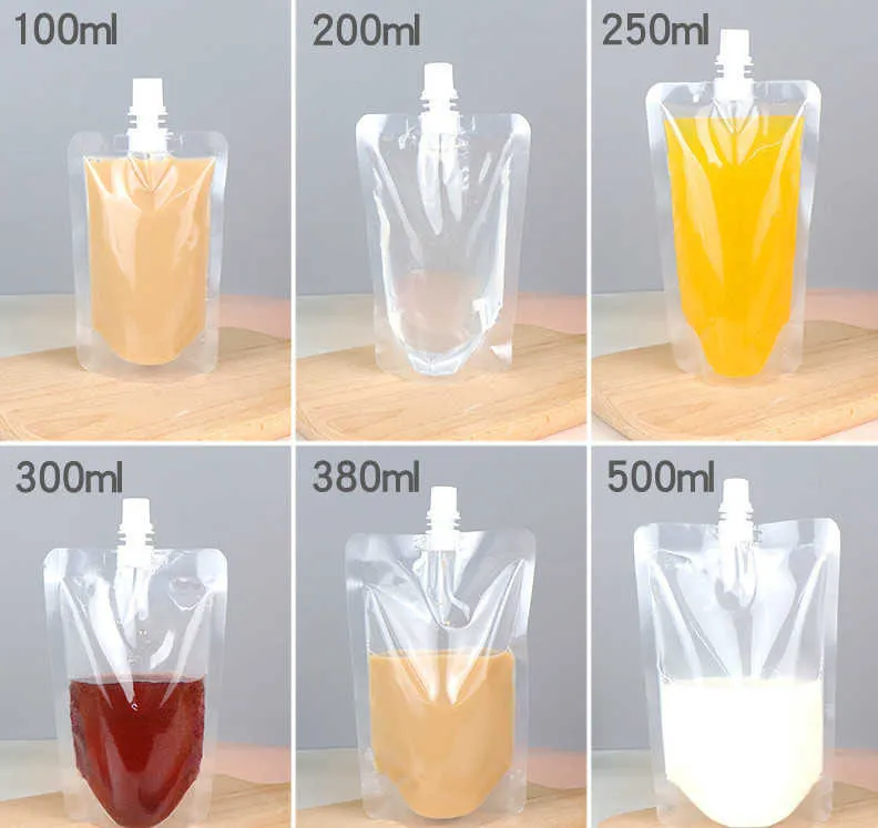 es 30ml-600ml transparente levante-se bico sacos de bebidas malotes de plástico para festa de casamento suco de frutas cerveja com funis 2213n