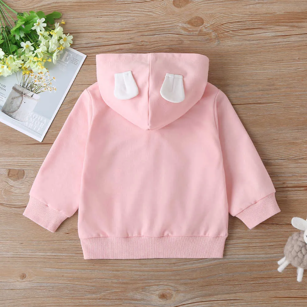 Hiver Enfants Casual Coton À Manches Longues Fermeture À Glissière Imprimer Lapin Lettre À Capuche Rose Sweats À Capuche Bébé Filles T-shirt 2-6T 210629