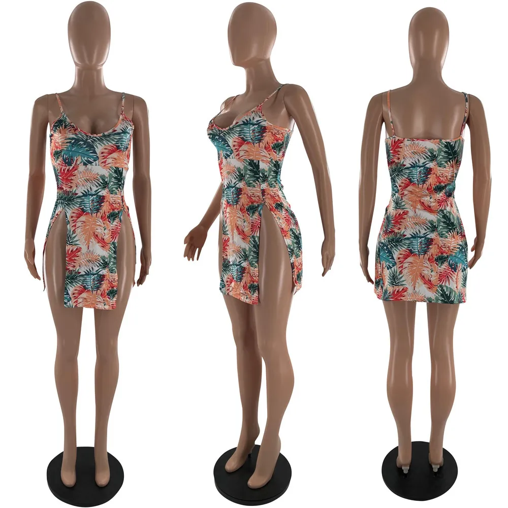 Verjaardag Outfits voor Vrouwen Jurken Zomer Aankomst Kleurrijke Blad Gedrukt Side Slit Avond Party Mini Dress Groothandel 210525