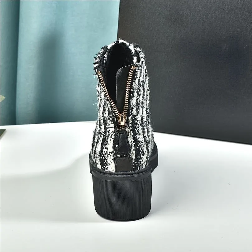 Diseñador de moda Pearl Ankie Boots Punto Estiramiento Negro Tela Escocesa Elegante Femenino Diseño Casual Zapatos Casuales