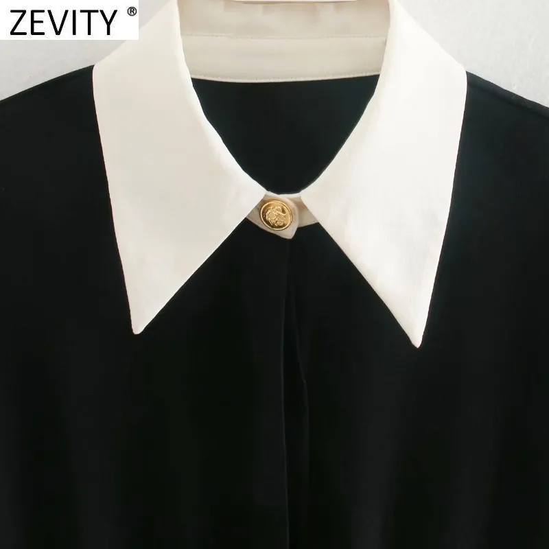 Women Fashion White Collar Patchwork Black Mini Dress Office Ladies Long Sleeve Buttons Chic Business Vestido DS4732 210420