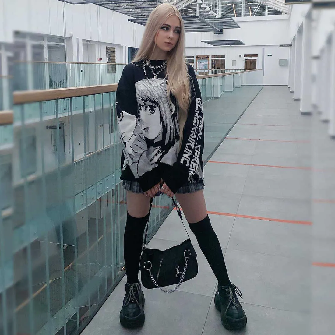 Atsunset Anime Girl Knitted Death Note Maglione Pullover Hip Hop Streetwear Style Vintage Style Harajuku Knotting 210812