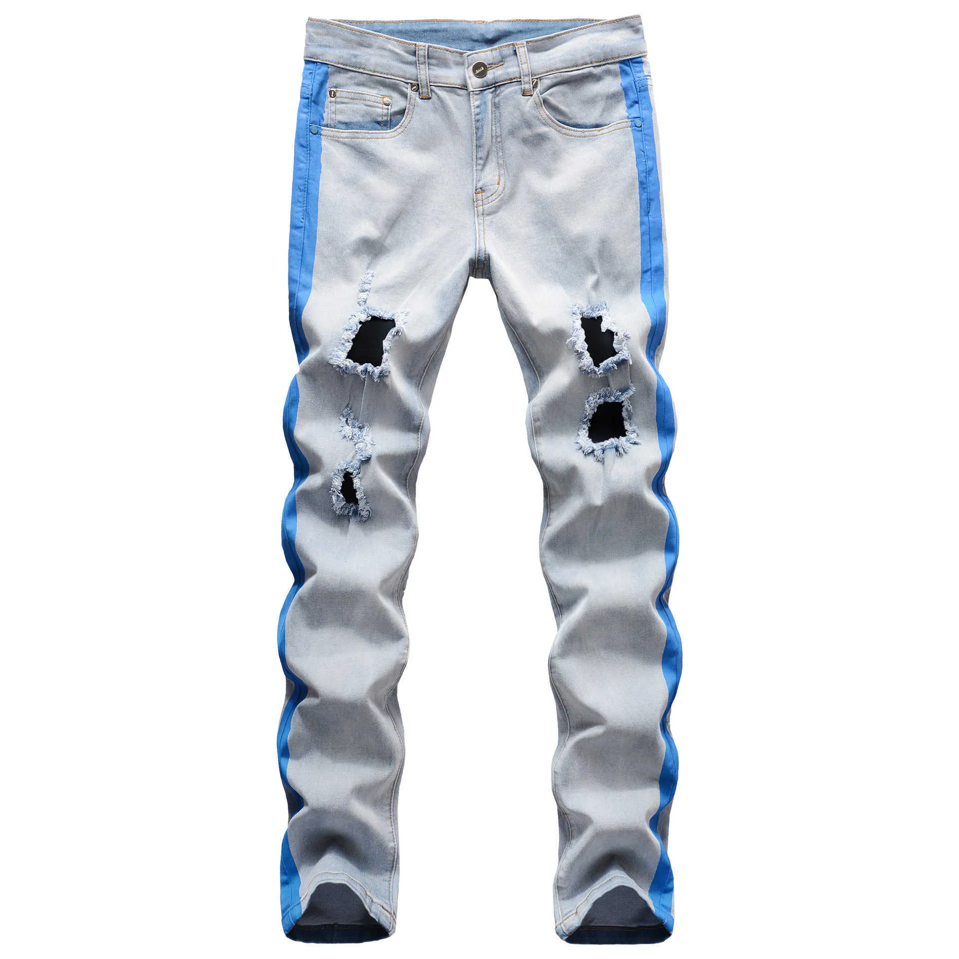 Hip Hop 4 Cores Patchwork Jeans Homens 2021 Buracos Rasgados Slim Fit Calças Jeans Homens Azul Vermelho Amarelo Designer Reta Jeans Azul X06216373162