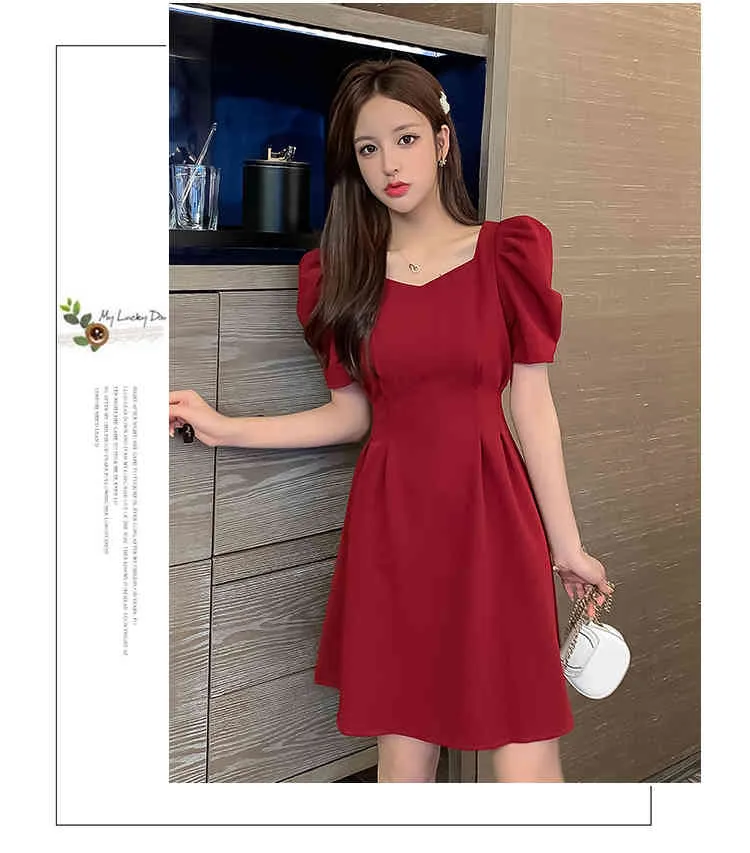 Sommar Kvinnors Vintage Hepburn Style Puff Sleeve Square Collar Solid Back Hight Waist Draped A Line Casual Dress 210514
