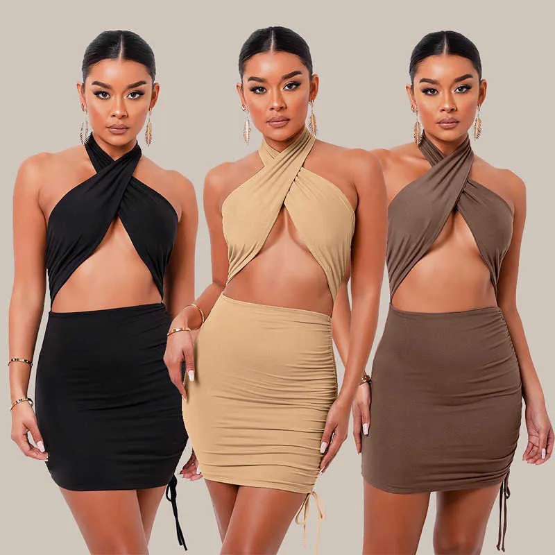 Casual halter nacke klänningar för kvinnor sommar ihålig ut bandage mini klänning sexig nattklubb Bodycon draped svart klänning 210604