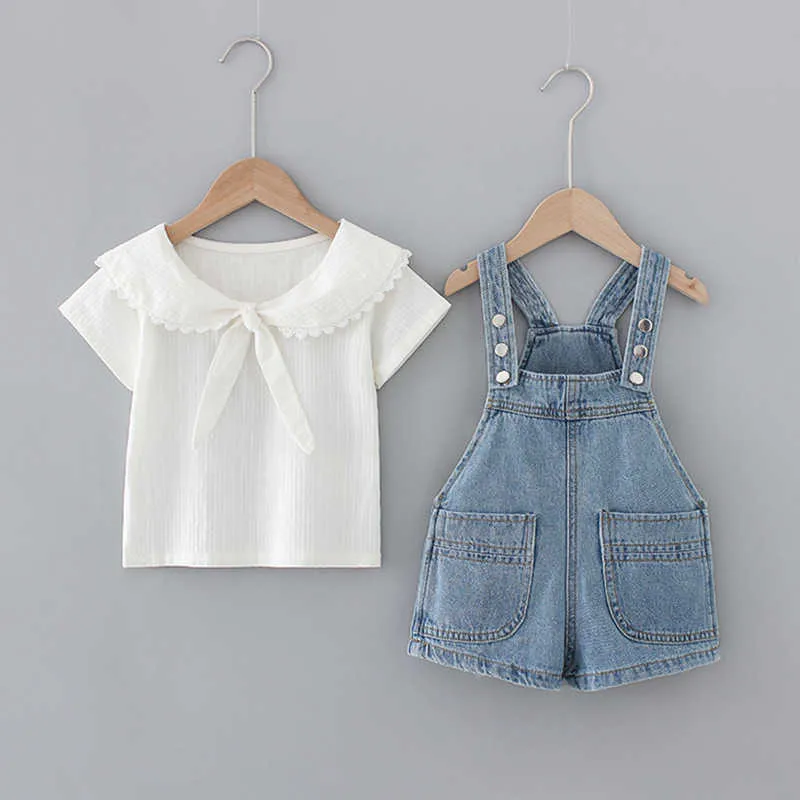 夏の子供の女の子2  -  PCSは白い弓ピーターパンカラーシャツ+デニムオーバーオールかわいいスタイルの服E0223 210610