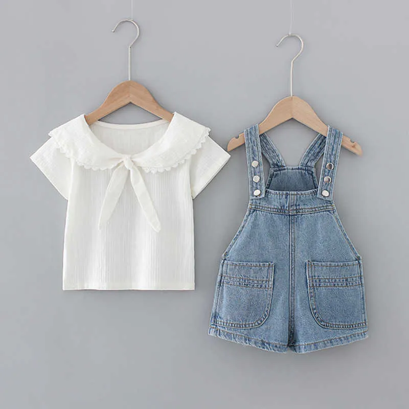 Zomer kids meisjes 2-pcs sets witte boog Peter pan kraag shirts + denim overalls schattige stijl kleding E0223 210610