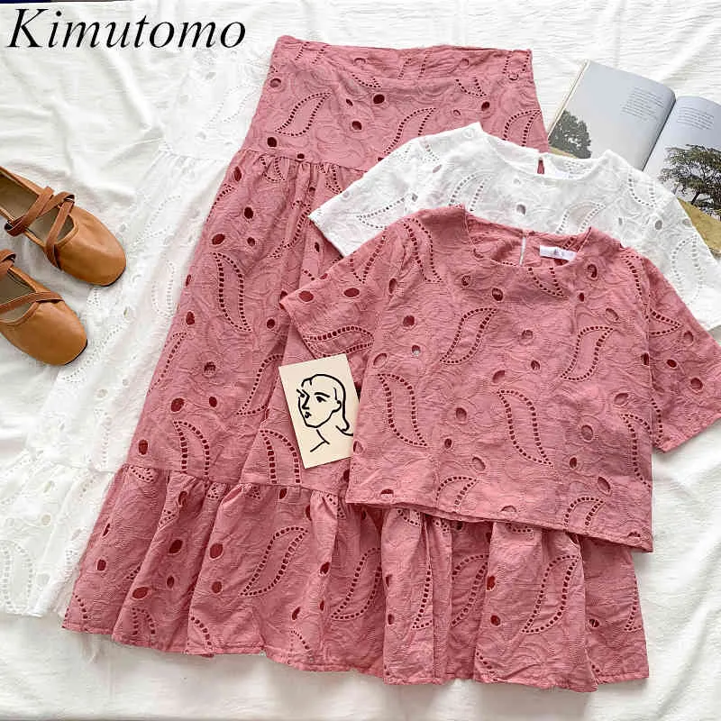 Kimutomo Casual Mode Twee Stuk Set Zoete Meisjes Holle Borduurwerk O-hals Korte Mouw Top + Hoge Taille Ruches Solid Skirt 210521