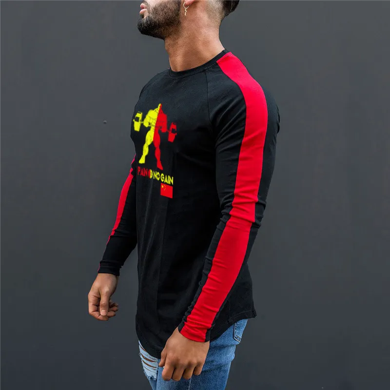 Muscleguys Brand Clothing Autumn Long Sleeve T Shirt Men Cotton Slim Fit NO PAIN NO GAIN Fitness Fashion Tops Tees 210421