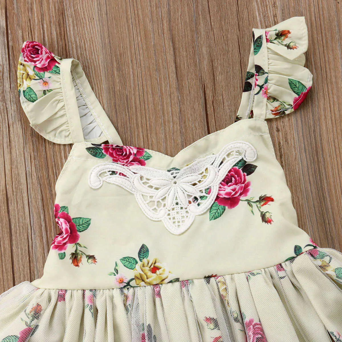 Toddler Baby Girls Summer Sweet Princess Dress Floral Print Lace Petal Sleeve Tassel A-Line Robe de princesse au genou 1-6Y Q0716